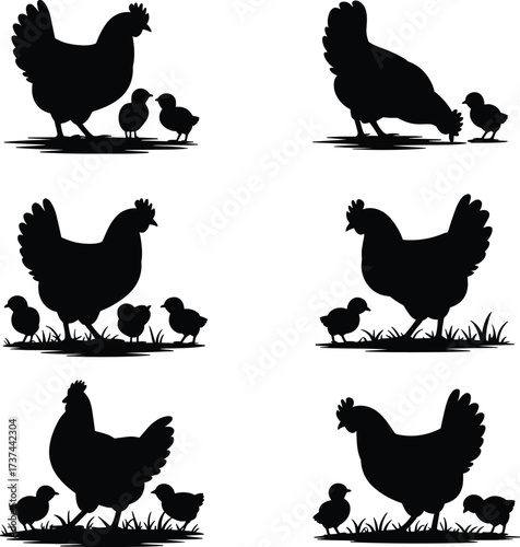 Hen with chicks silhouette vector illustration, farm bird poses, nurturing animal scene, black flat design, cad drawing flat vector illustration