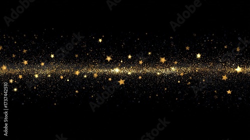Golden stars with glitter, scattered on black background, festive Christmas design, copy space
