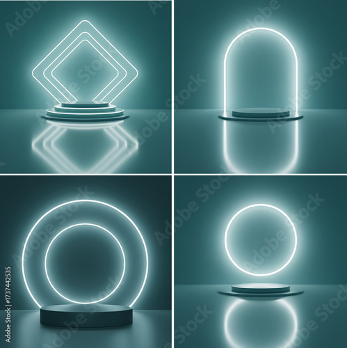 Set of 3D-rendered minimalist stage scene with a podium and a neon frame. The shape of the podium is geometric, slightly diamond-like.	