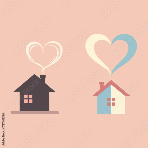 Vector art of two houses with heart shaped smoke coming from the chimney, symbol of love and home