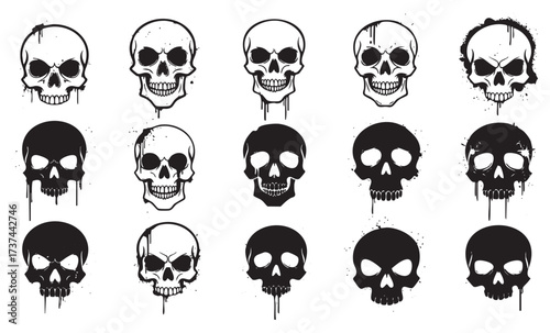  Graffiti Skull Icon Set Vector Collection of Grungy, Aggressive Skulls with Paint Splatter

