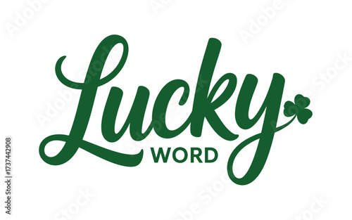 The word lucky in green cursive with the word word underneath and a clover at the end