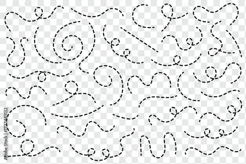 Hand drawn squiggly dashed, dotted lines, curved lines. Hand drawn dotted line vector set. Path travel dotted line trip dashed trace destination track plan and silhouette, travelling symbol. eps 10