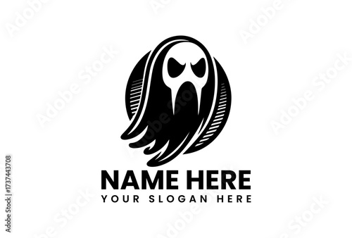 Stylized Ghostly Figure with Oval Frame and Linear Detailing in Black and White.
