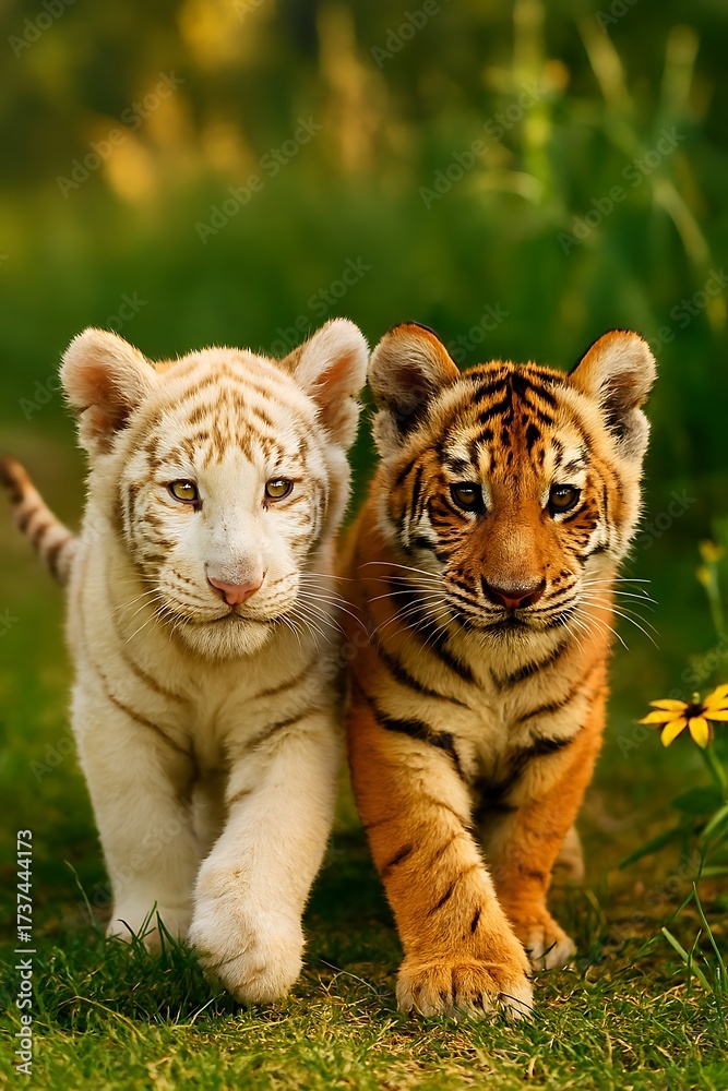 Obraz premium Two tiger cubs, one white and one orange, stand side-by-side in a grassy outdoor setting, looking directly at the viewer.
