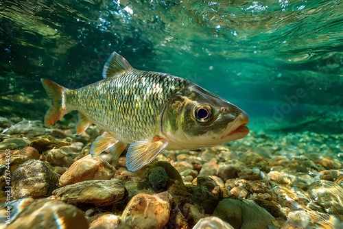 Chub fish laid out on a rocky shore by flowing river water perfect for web banners