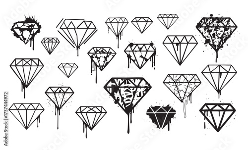 Graffiti Diamond Gemstone Vector Set Urban Street Art Style Icons with Paint Splatter and Dripping Effect