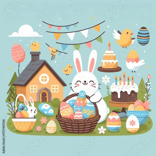 Easter scene featuring bunny eggs house cakes and chicks on a blue background