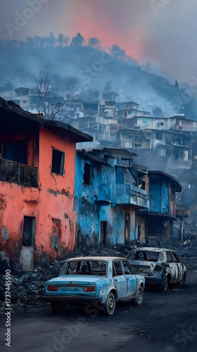 city street with scorched walls, destroyed cars, and lingering smoke in the air