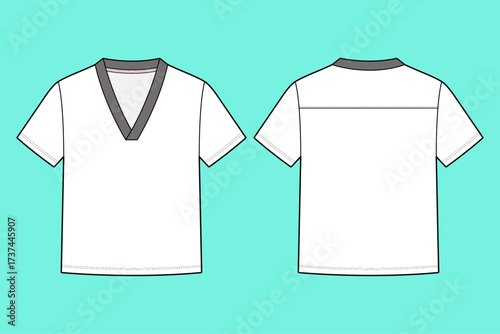 Men's Short Sleeve Deep V-Neck Contrast Collar T-shirt Fashion Flat Sketch CAD Template