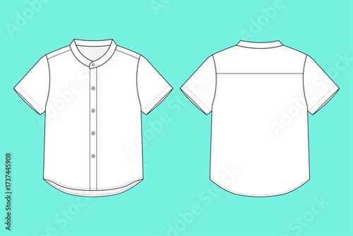 Men's Short Sleeve Button-Down Curved Hem Shirt Fashion Flat Sketch CAD Template.