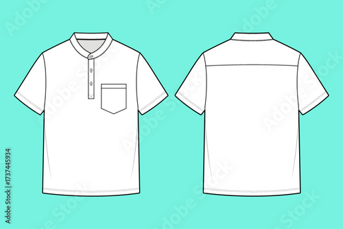 Men's Short Sleeve Henley Collar Pocket T-shirt Fashion Flat Sketch CAD Template.