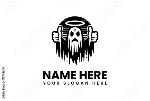 Thumbs Up Ghost with Halo and Cross Black and White Logo.
