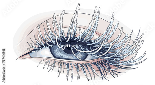 Icy blue eye with frosted eyelashes in winter beauty illustration