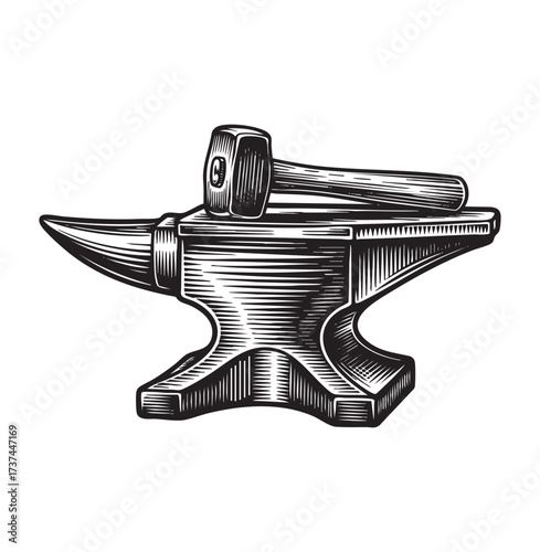Blacksmith Anvil and Hammer Engraving Metalwork Tool Icon in Vintage Woodcut Sketch Style Illustration