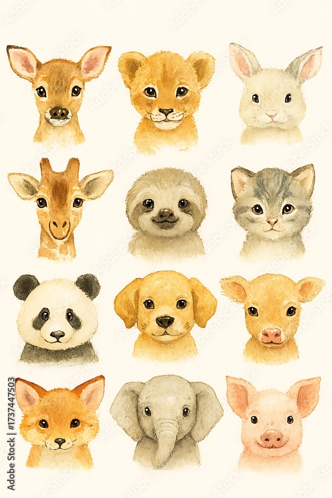 Obraz premium Watercolor painting of twelve animal faces, including a deer, lion, rabbit, giraffe, sloth, cat, panda, dog, cow, fox, elephant, and pig.