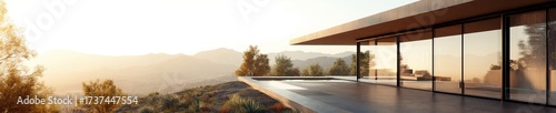 Modern minimalist house with a panoramic mountain view at sunset. Luxury real estate with infinity pool and concrete terrace. Contemporary architecture in nature