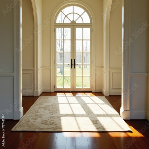 Daylight pouring through large window onto polished floor and elegant rug
