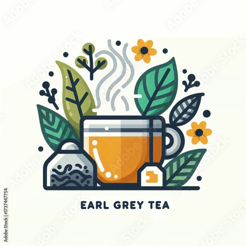 Illustrated Earl Grey tea cup with steam tea bags leaves flowers and EARL GREY TEA text