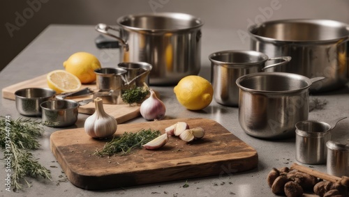 Stainless steel cookware, fresh produce, and herbs on a countertop.  Wooden cutting board with sliced garlic, lemon, and thyme