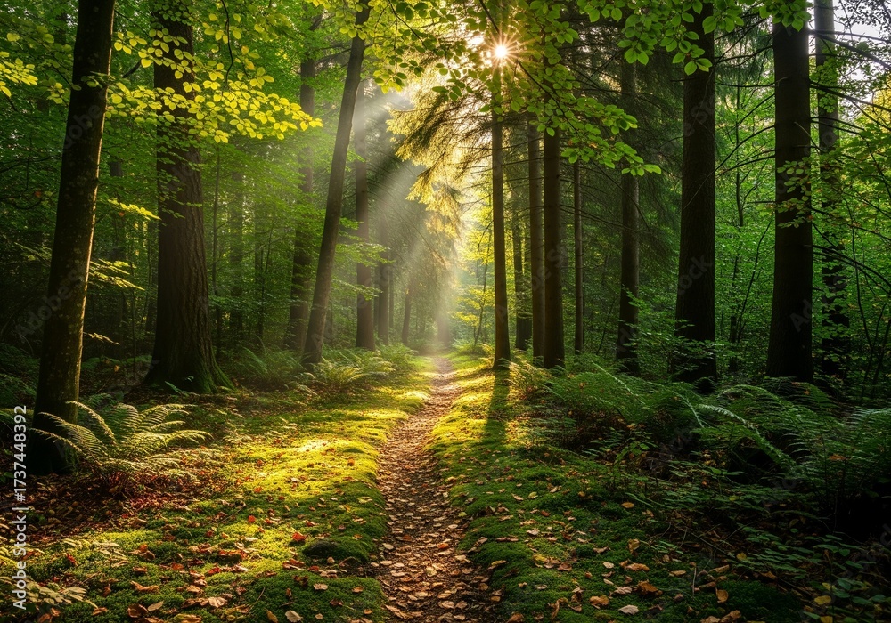 Fototapeta premium Sun Beams Filtering Through Trees onto a Forest Path in a Lush Green Wood