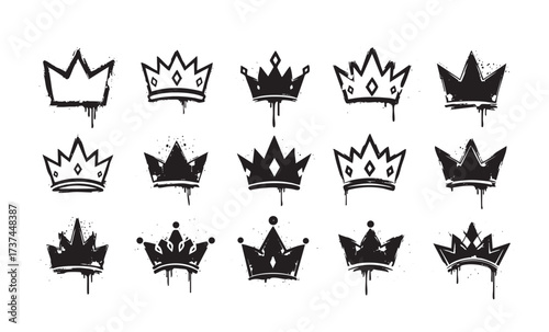 Urban Graffiti Crown Vector Set Hand Drawn King and Queen Symbols with Dripping Paint and Spray Paint Splatter Effect