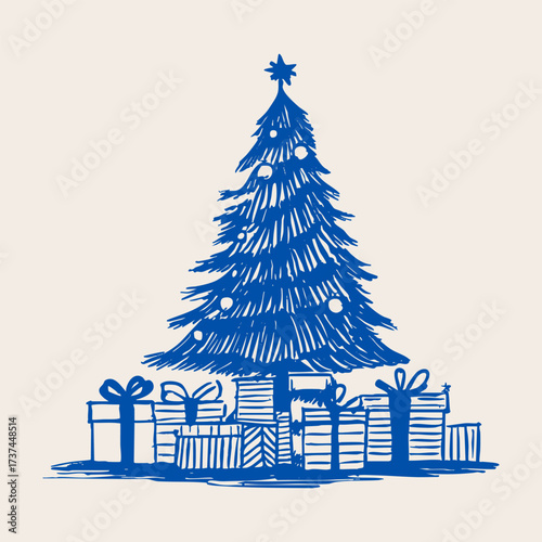 Minimal blue sketch of Christmas tree with ornaments and wrapped gifts underneath.