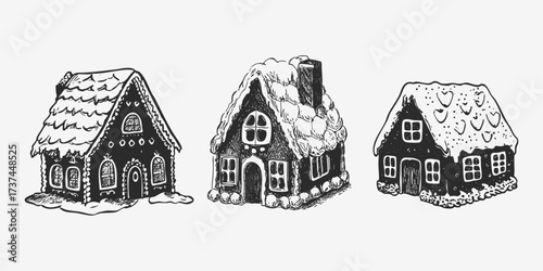 Black and white vintage sketch set of gingerbread houses decorated with snow and candy.