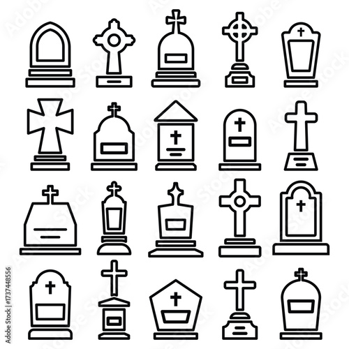 set of tomb stone with cross icon vector	