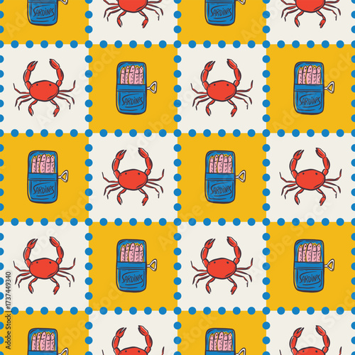 Whimsical hand drawn sea food seamless pattern in trendy whimsical style. Perfect  background for quirky italian wedding holiday, poster cards, dinner and bar menu, fabric, wrapping paper