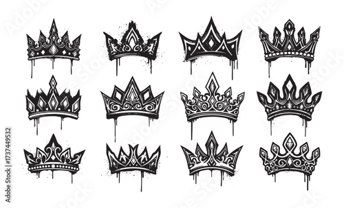 Urban Graffiti Crown Vector Set Hand Drawn King and Queen Symbols with Dripping Paint and Spray Paint Splatter Effect