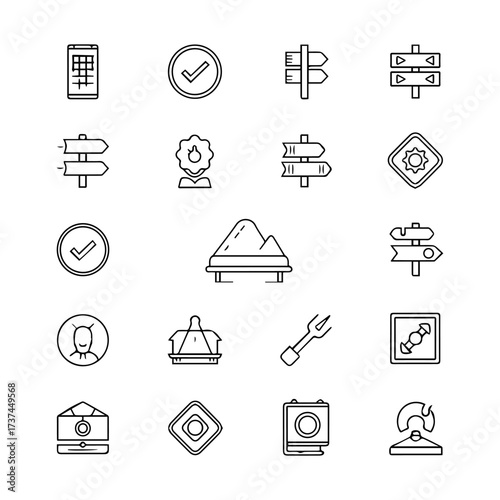 Thinline icons signs mountains a person a camera and various other symbols