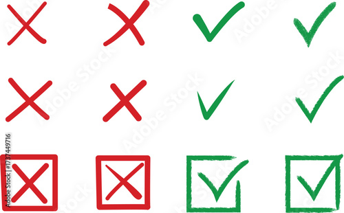 Hand drawn check mark and cross icons set doodle checkbox tick x wrong right circle brush marker sketch checklist symbol vector illustration.