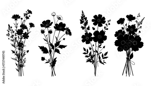 Botanical wildflower silhouettes in black showcase diverse floral shapes, perfect for botanical prints, nature-themed designs, and elegant graphic projects.