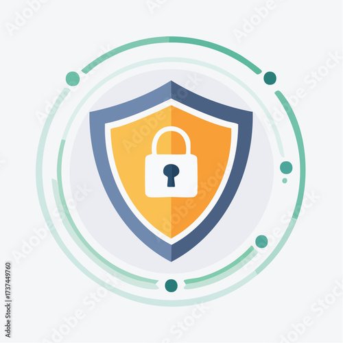 Security shield with padlock icon in the center, surrounded by circles.