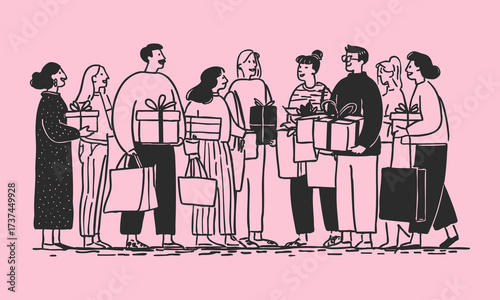 Minimal black and pink illustration of a group exchanging Christmas gifts in a festive holiday scene in line art sketchy style.