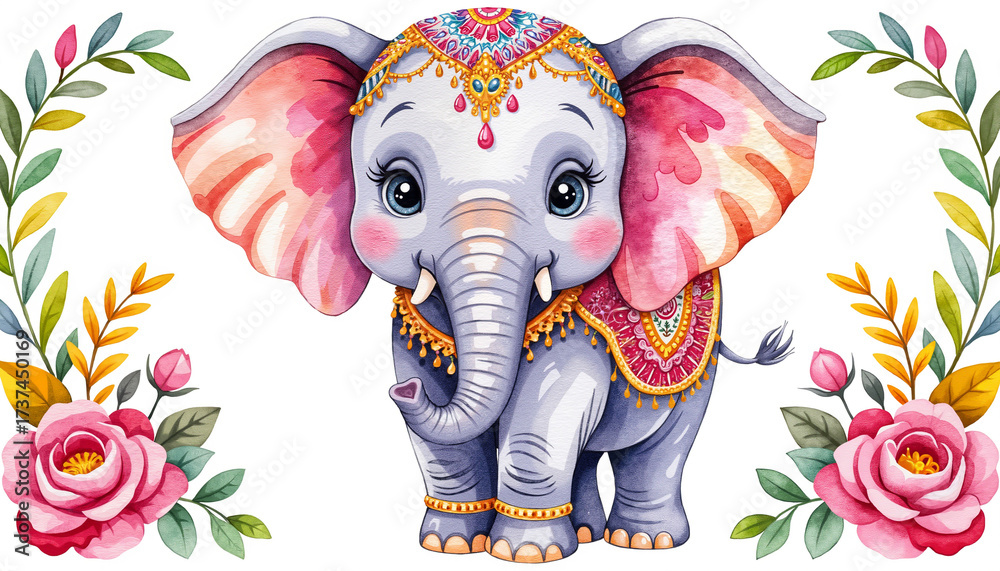 Obraz premium Cute elephant illustration with flowers and decorative elements 