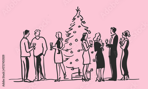 Minimal sketchy pencil draw illustration of people socializing around a Christmas tree at holiday party.
