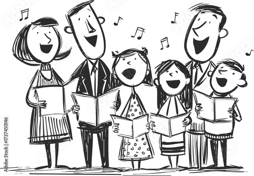 Cartoon hand drawn illustration of family singing Christmas carols together.