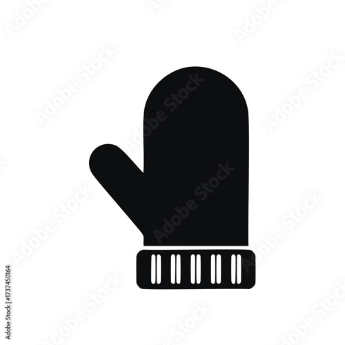 Black mitten icon with striped cuff on white background