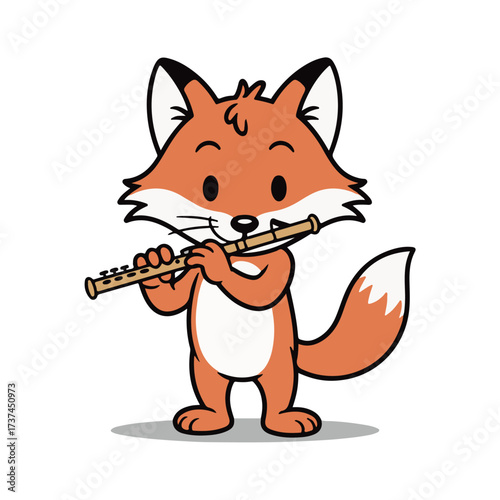 A cartoon fox, standing upright, plays a wooden flute, smiling with joy.