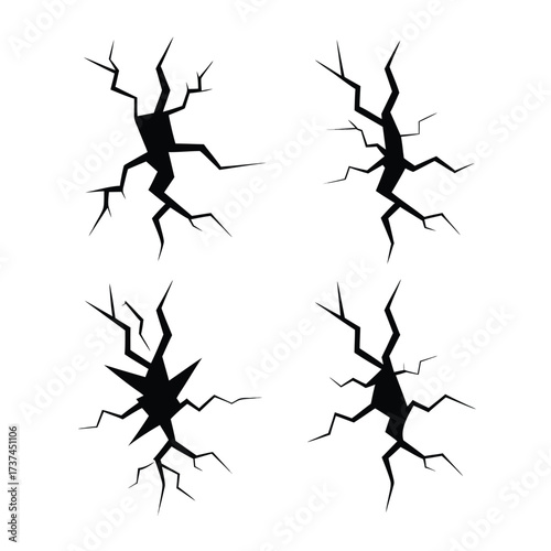 Four Black Cracked Surface Graphic Elements Isolated on White fracture break