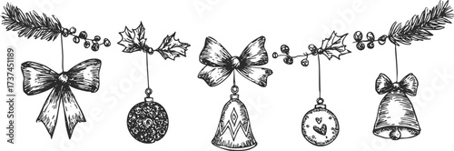 Hand drawn black sketch of holiday garland with bows, ornaments, holly leaves, and bells.