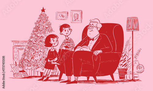 Pink monochrome retro line art illustration of grandfather reading to children beside Christmas tree in cozy home.