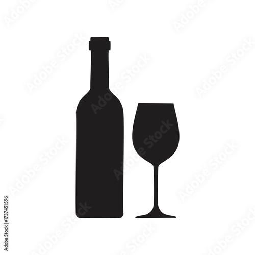 Black silhouette of wine bottle and wine glass drink