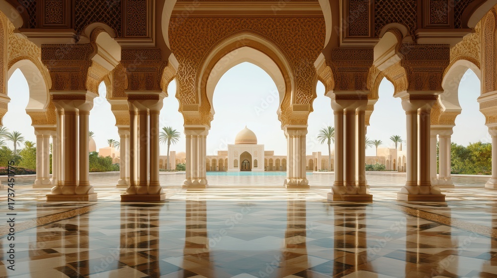Fototapeta premium Grand Mosque Interior with Arched Columns and Light 