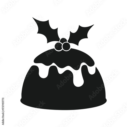 Christmas pudding with holly and berries icon black