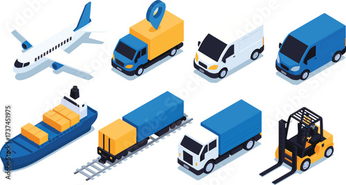 Logistics transport vector, cargo ship, freight train, airplane, delivery truck, forklift, GPS van, warehouse vehicle, isometric style, illustration