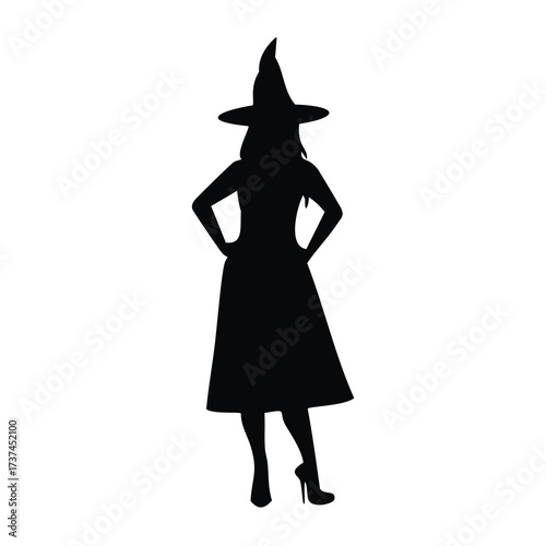 Silhouette of a witch with hands on hips on white background Keywords: witch, silhouette, woman