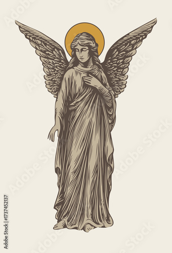 Vector drawing of an angel with wings and a halo in a classic style. Guardian angel or theme of death, religion,. Funeral services. Memorial, monument, tattoo, t-shirt design. No AI used